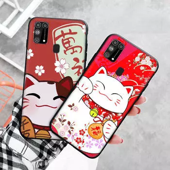 Черный чехол для Xiaomi Redmi 13C Note 9 iPhone XR 7 8 14 15 11 12 13 X XS Pro Max Samsung A25 S23 S24 FE Ultra Plus Lucky Cat Samsung A73 бездна