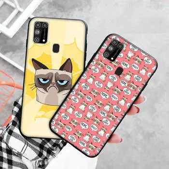 Черный чехол для Xiaomi Redmi 13C Note 9 iPhone XR 7 8 14 15 11 12 13 X XS Pro Max Samsung A25 S23 S24 FE Ultra Plus Grumpy Cat Samsung S10 бездна