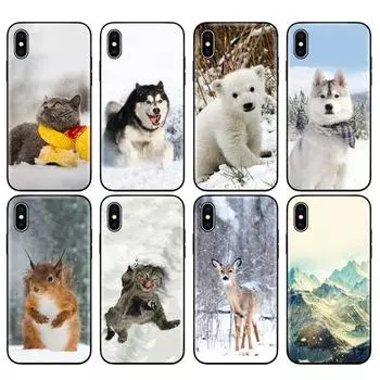 Черный чехол из ТПУ для iPhone 5 5s SE 2020 6 6s 7 8 plus x 10 чехол для iPhone XR XS 11 pro MAX чехол кошка собака медведь олень снежная сцена iPhone SE 2020