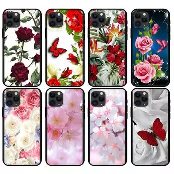 Черный чехол из ТПУ для iPhone 5 5S SE 2020 6 6S 7 8 plus x 10 XR XS 11 12 mini pro MAX сзади Красная бабочка на цветке розы Прозрачный iphone 5 5S SE