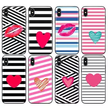 Черный чехол из ТПУ для iPhone 5 5s SE 2020 6 6s 7 8 plus x 10 чехол для iPhone XR XS 11 pro MAX чехол с розовыми полосками и сердечками на губах iphone 11