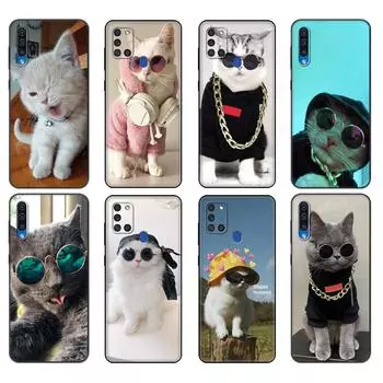 Черный чехол из ТПУ для Samsung Galaxy A50 50S A30S A10 A01 A11 A21S A31 A41 A51 A71 M21 M30S S10 LITE Чехол Cat Glasses Cool Samsung A01