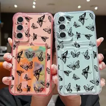 Черный чехол с принтом бабочки и слотом для карт для Samsung S24 FE S23 Ultra S22 A55 A16 A54 A15 A35 A14, прозрачный мягкий силиконовый противоударный чехол для телефона Samsung S24 FE чёрный