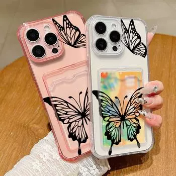 Черный чехол с рисунком бабочки и прозрачным слотом для карт для iPhone 16 Pro Max 15 Pro 14 13 12 11, мягкий силиконовый противоударный тонкий прозрачный чехол-бампер iPhone 16 серый