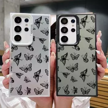 Черный чехол с рисунком бабочки Laser IMD для Samsung S24 S23 Ultra S22 Plus S21 S20 FE A54 A53 A52, защита объектива, жесткий противоударный чехол для телефона из ПК Samsung S24 серый