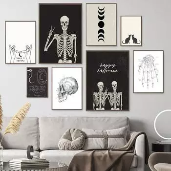 Черный череп Креативное настенное искусство Лунный котенок Скандинавский постер Хэллоуин Картина на холсте Настенная живопись Гостиная Домашнее украшение 21x30cm No Frame