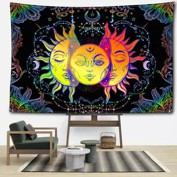 Черный Цвет Солнце Лицо Гобелен Настенный Абстрактное Искусство Хиппи Тапиз Колдовство Таинственный Фон Для Гостиной Домашний Декор 95x73CM