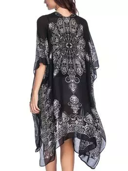 Черный цветочный принт с боковым разрезом, открытая передняя часть, пляжный кардиган в стиле бохо с коротким рукавом, женские купальники и одежда для отдыха One-size чёрный