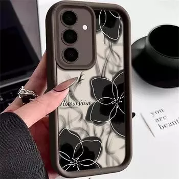 Черный цветочный узор матовый чехол для телефона TPU для Samsung S25 S24 FE S23 Ultra S22 S21 A55 A34 A54 A35 A14 мягкий силиконовый противоударный защитный чехол для объектива Samsung S24 чёрный