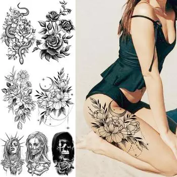 Черный цветок, луна, временные татуировки для женщин и девочек, реалистичная змея, цветок, бедро, лицо, череп, поддельные татуировки, наклейки, татуировки на ноги