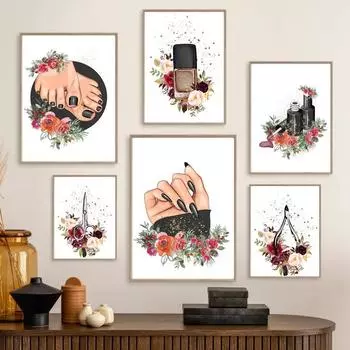 Черный дизайн ногтей, маникюр, педикюр, настенная живопись на холсте, скандинавский модный постер и принты, настенные панно для декора салона красоты 20x30cm