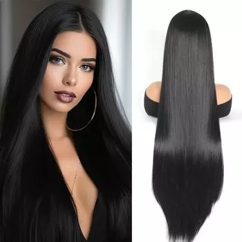 Черный длинный прямой парик, средняя часть, синтетические прямые волосы, натуральный стиль, полный парик для женщин, повседневное вечернее использование, 40 дюймов