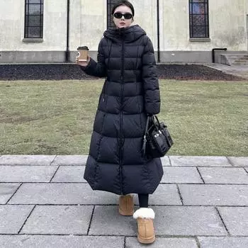 Черный длинный пуховик женский зимний с капюшоном 2024 новый белый утиный пух утолщенный пояс супер длинное и супер толстое пальто S чёрный