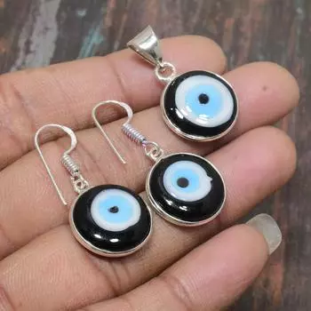 Черный драгоценный камень сглаза, подвеска из стерлингового серебра 925 пробы ручной работы + серьги, комплект ювелирных изделий для нее