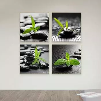Черный Дзен Камень Холст Картина Настенная Живопись Зеленые Листья Настенные Картины Водные Спа Плакаты и Принты для Гостиной Домашний Декор 20x20cm (8X8 inch)