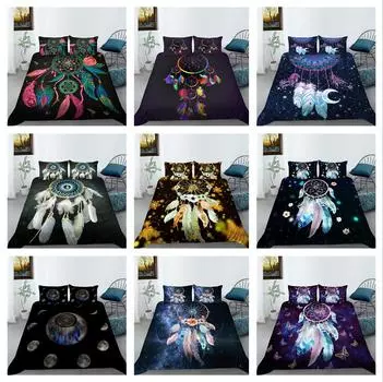 Черный фон Ловец снов Пододеяльник Наволочка из 2 или 3 предметов Черный комплект постельного белья Односпальная кровать Двуспальная кровать Полноразмерное моющееся постельное белье на молнии DE 100x135cm
