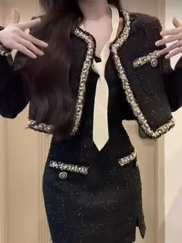 Черный французский винтажный новый комплект из 2 предметов для женщин корейский дизайн тонкий костюм для вечеринки женское короткое милое пальто элегантное платье на бретелях 2024 S чёрный