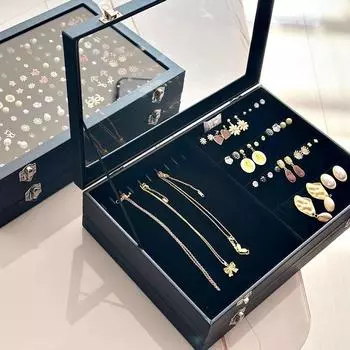 Черный футляр для переноски из ПУ со стеклянной крышкой, коробка для хранения колец и ювелирных изделий, поднос, органайзер, коробка для сережек, колец и браслетов