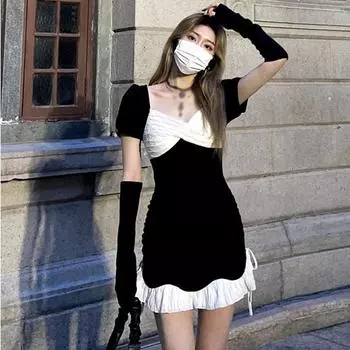 Черный готический женский костюм + черное платье с манжетами и рюшами с высокой талией, облегающая юбка на шнуровке S