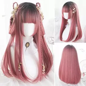 Черный градиент клубнично-красный прямой синтетический парик женский Лолита сладкий натуральный градиент прямая челка длинный прямой парик из волос 50CM