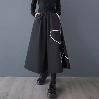 Черный хлопок больших размеров Высокая талия винтажная весна осень повседневная свободная длинная женская юбка женская юбка