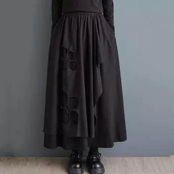 Черный хлопок большого размера с высокой талией винтажная вышивка весна осень повседневная свободная длинная женская юбка женская юбка