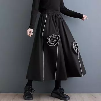 Черный хлопок плюс размер винтажный цветочный с высокой талией весна лето осень повседневный свободный длинный для женщин юбки женские 2024 юбка One Size чёрный