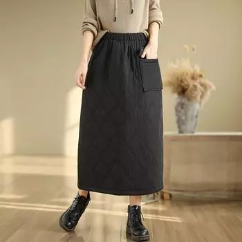 Черный хлопок с подкладкой большого размера Высокая талия винтажная весна осень зима повседневная свободная длинная женская юбка женская юбка L