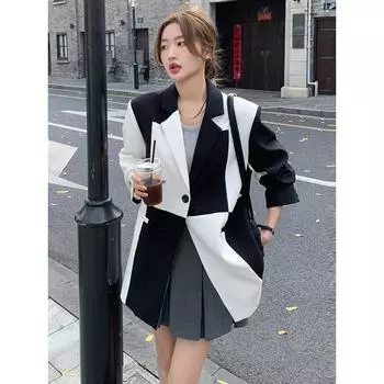 Черный и белый маленький пиджак для женщин Ранняя весна и осень Новый нишевый костюм Верх S