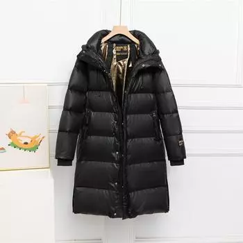 Черный и золотой пуховик средней и длинной длины для женщин 2024 года, осень-зима, новая пара, теплый, утолщенный белый утиный пух, универсальный прилив S fits 80-52.5 kg