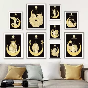 Черный и золотой Зодиак Лев Близнецы Дева Астрология плакат на скандинавскую тему настенные художественные принты холст картины Декор фотографии для гостиной A4 21X30cm No Framed