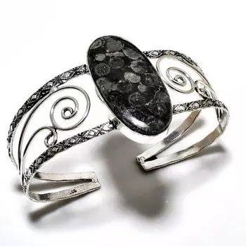 Черный ископаемый коралловый драгоценный камень 925 посеребренный ювелирный браслет ручной работы