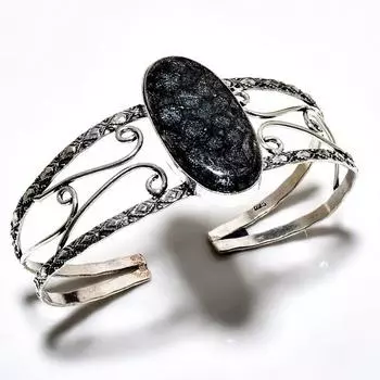 Черный ископаемый коралловый драгоценный камень 925 посеребренный ювелирный браслет ручной работы