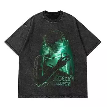 Черный Источник АНИМЕ МАНГА ВИНТАЖНАЯ ПОТЕРТА УНИСЕКС ФУТБОЛКА Octopus Мужская футболка Harajuku в японском стиле Футболка большого размера Одежда Топы S