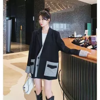 Черный клетчатый лоскутный женский пиджак свободного кроя - стильный повседневный костюм на весну M чёрный