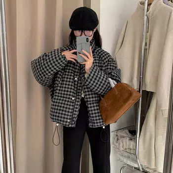 Черный клетчатый пуховик женский с воротником-стойкой короткий 2024 зима новый утолщенный свободный жакет S 80-62.5 kg