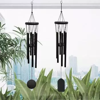Черный колокольчик с 6 металлическими трубками S-образный крючок натуральная успокаивающая мелодия садовое патио наружное украшение подвесной колокольчик ветряной подвеска подарки на день рождения Square