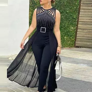 Черный комбинезон без рукавов со стразами и сетчатым узором на талии M красный