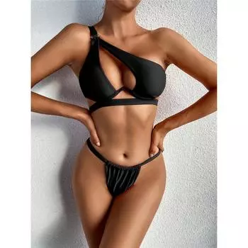 Черный комплект бикини на одно плечо с V-образной планкой на косточках, купальник с пуш-ап, женский купальник, женский купальный костюм L чёрный