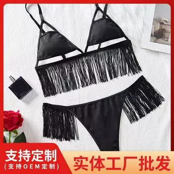 Черный комплект нижнего белья с кисточками, сексуальный, с красивой ажурной спиной, эротический комплект нижнего белья S