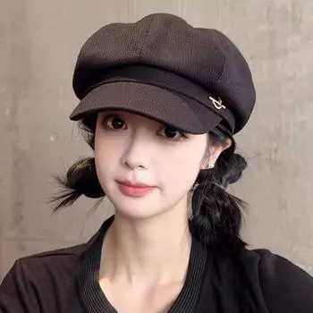 Черный корейский берет женский весна и осень тонкий большой обхват головы показывающий лицо маленькая французская ретро британская шляпа с утиным язычком восьмиугольная шляпа M56-58cm
