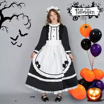 Черный костюм для косплея для девочек с повязкой на голову, платье горничной в стиле Лолиты, винтажные наряды, платье в стиле аниме для девочек на Хэллоуин, платье с длинными рукавами 8Y чёрный