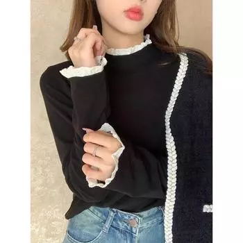 Черный костюм высокого класса с зимней утолщенной австрийской бархатной рубашкой с длинными рукавами, футболкой для невысоких женщин S