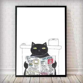 Черный кот читает газету в туалете, постер, холст, картина, простой настенный художественный рисунок в скандинавском стиле для декора ванной комнаты, подарок 21x30cm No Framed