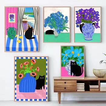 Черный кот и маки принт синие цветы дневной постер кошка скандинавский абстрактный кот животное холст картина настенные картины декор 21x30cm No Framed