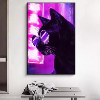 Черный кот, креативные художественные постеры и принты, настенный декор с изображением кота ниндзя, холст, картина, черно-белая картина с котом для современного домашнего декора 21cm30cm NoFrame