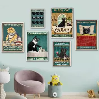 Черный кот, настенное искусство, винтажный постер и принты, холст, картина, кошка, любовь, пьющая настенные украшения, фотографии для домашнего декора, подарок 21X30 cm No Frame