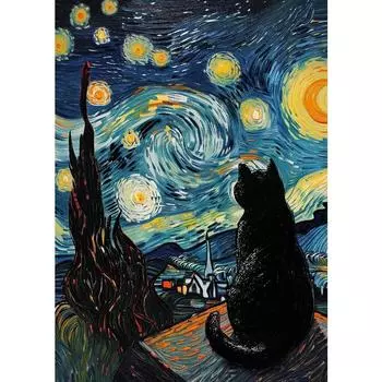 Черный кот под небом Серия «Звездная ночь» Тематическая печать на холсте Модные популярные цвета Фреска Студия Домашнее украшение Искусство Подарки 21cm30cm NoFrame