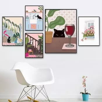 Черный кот с растением красного вина, настенная живопись на холсте, постеры в стиле бохо и принты, настенные панно для кухни, гостиной, домашний декор 21*30cm