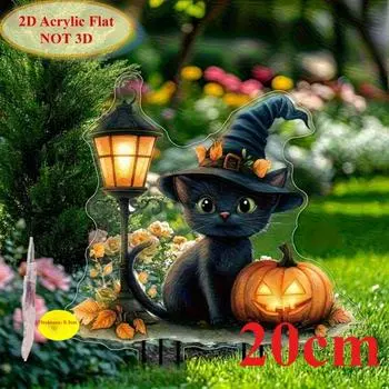 Черный кот с тыквенными фонарями, 2D плоский акрил, садовые декоративные колышки, подходят для цветочных горшков, газонов, вечеринок, Рождества, Хэллоуина 20cm